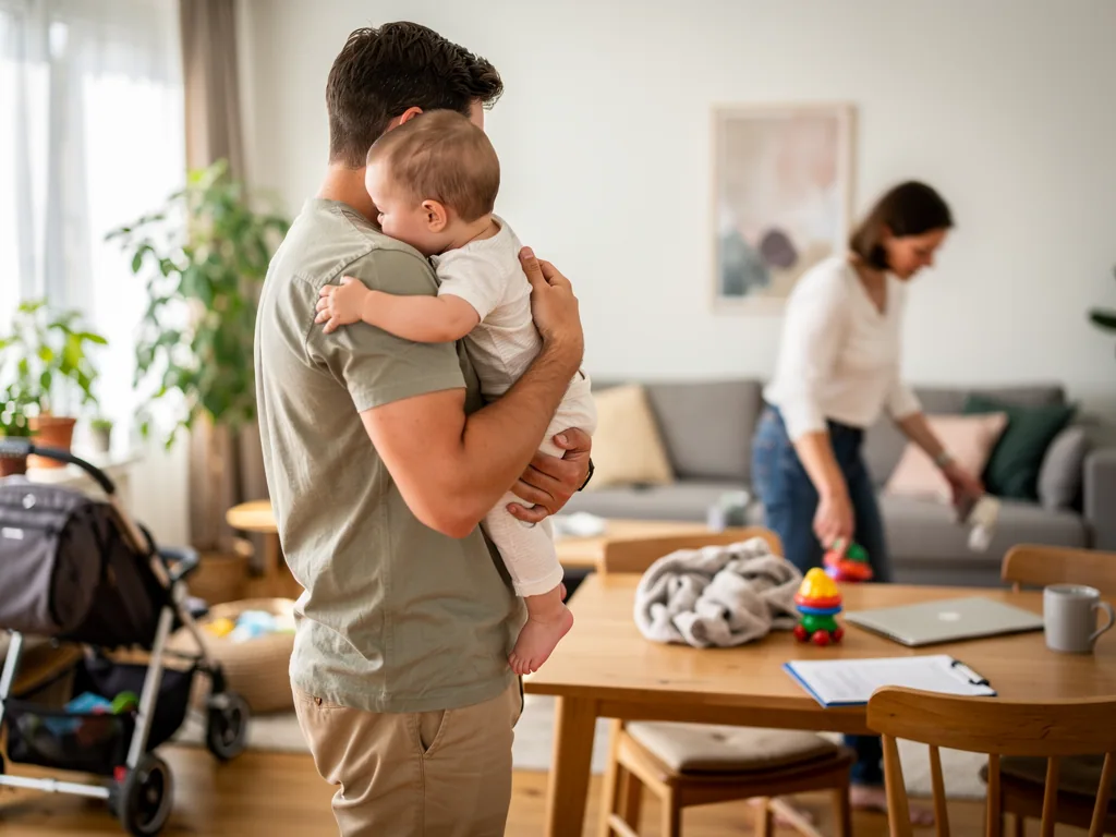 Vater hält ein Baby im Wohnzimmer auf dem Arm, während die Mutter am Tisch Spielsachen aufräumt.