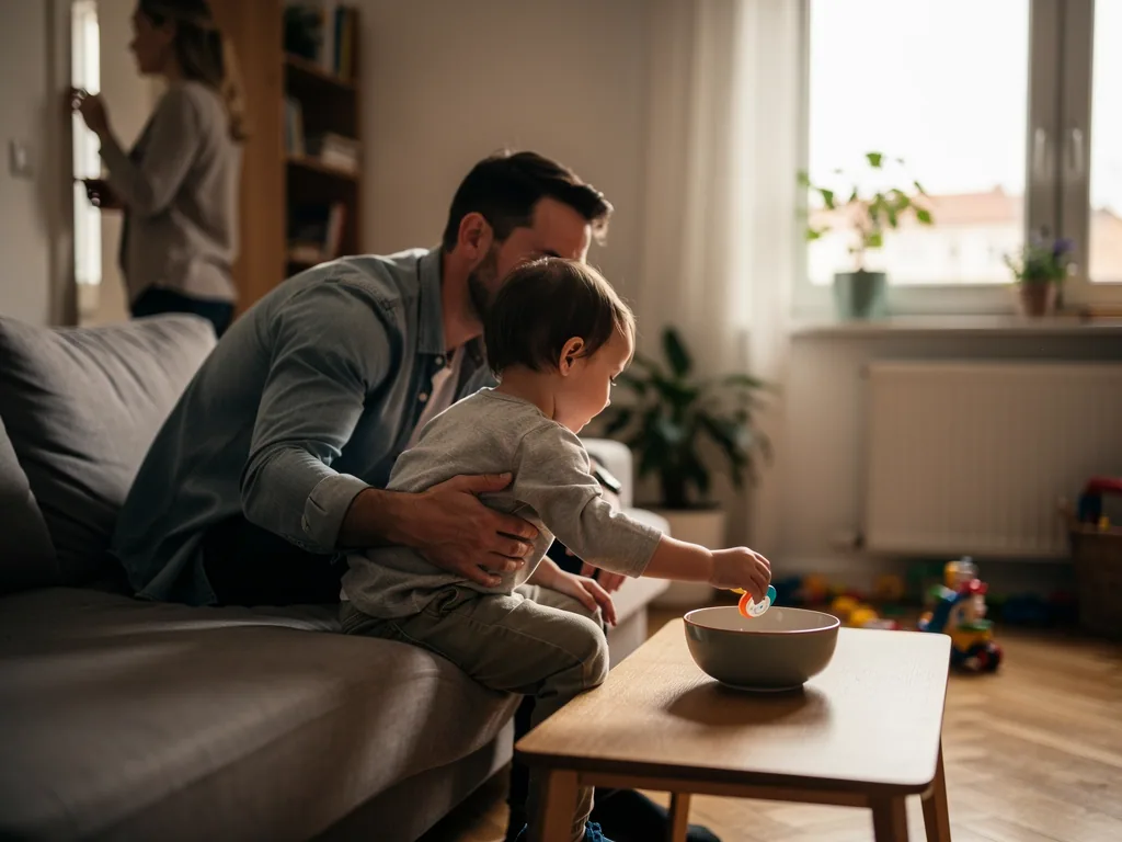 Vater hält Kleinkind auf dem Sofa, während es einen Schnuller in eine Schale auf dem Couchtisch legt.