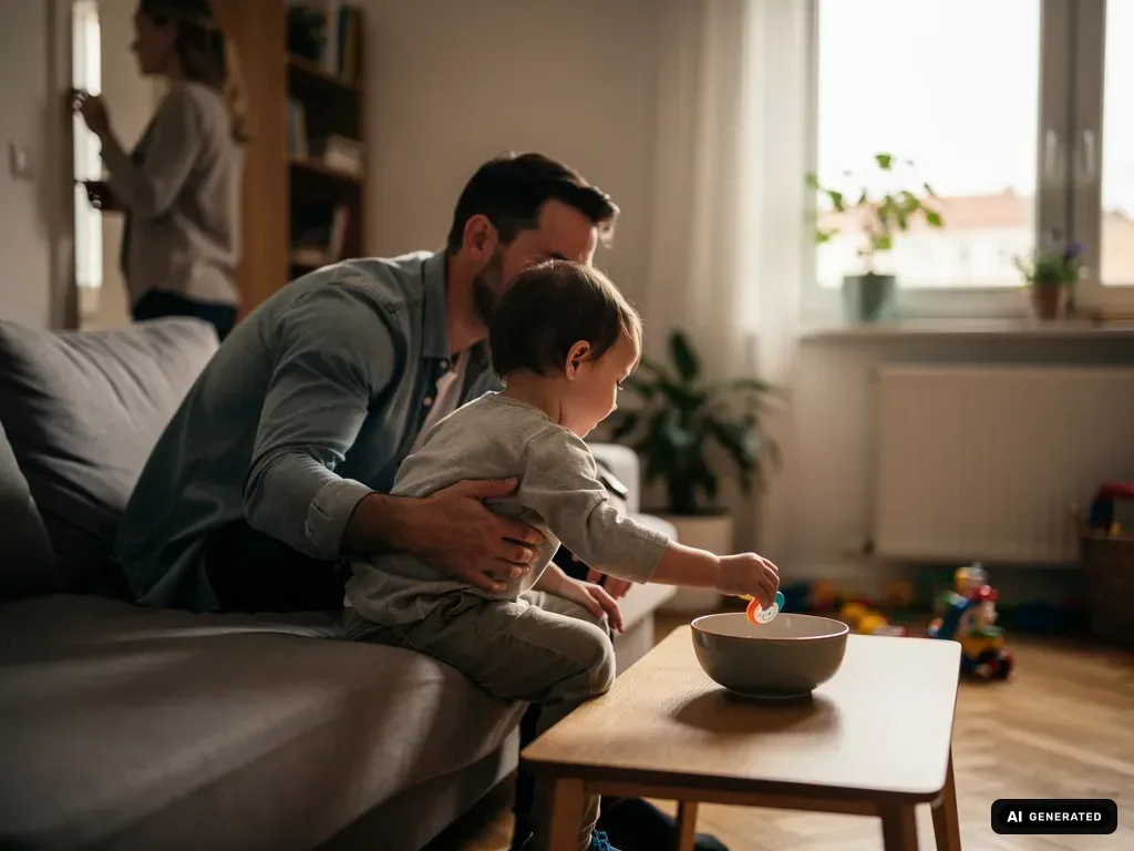 Vater hält Kleinkind auf dem Sofa, während es einen Schnuller in eine Schale auf dem Couchtisch legt.