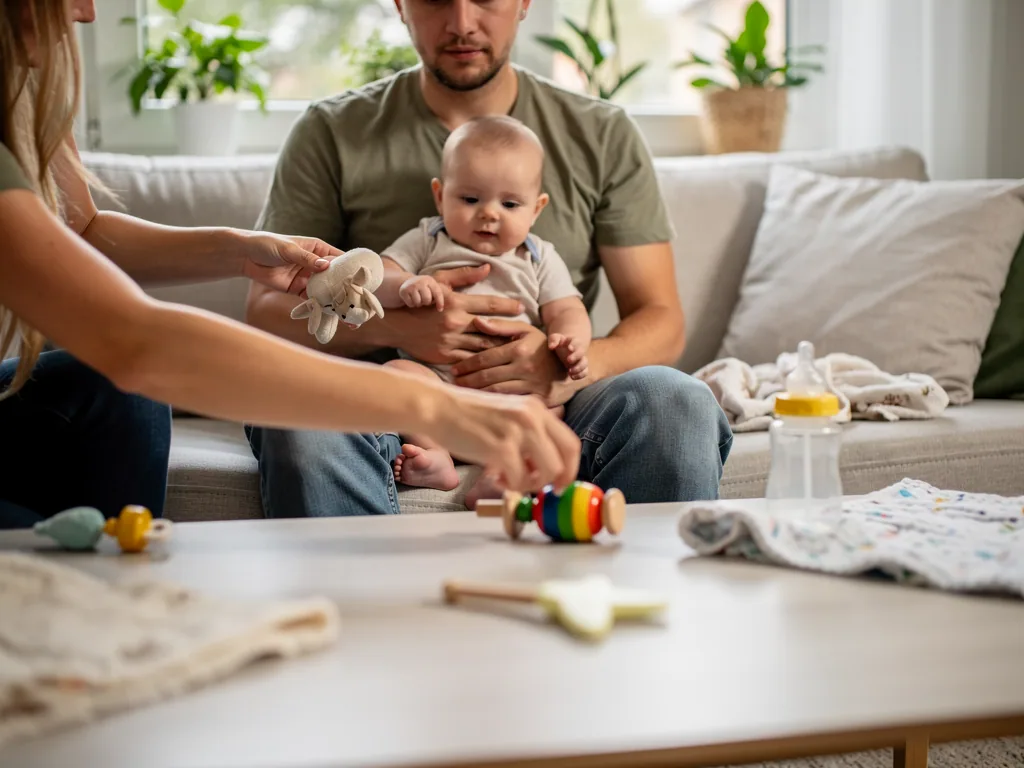 Vater hält sechs Monate altes Baby auf dem Sofa, Mutter reicht Spielzeug; Fläschchen und Babytücher liegen auf dem Tisch.