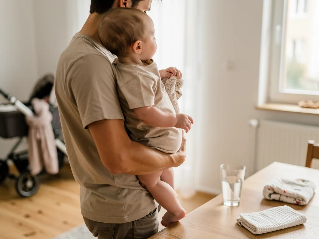 Vater hält sein einmonatiges Baby im Arm in einem hellen Zimmer neben Tisch, Tüchern und Kinderwagen.