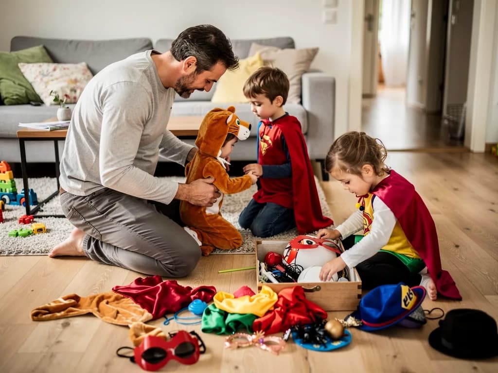 Vater hilft drei Kindern im Wohnzimmer beim Anprobieren und Auswählen von Kostümen und Verkleidungszubehör.