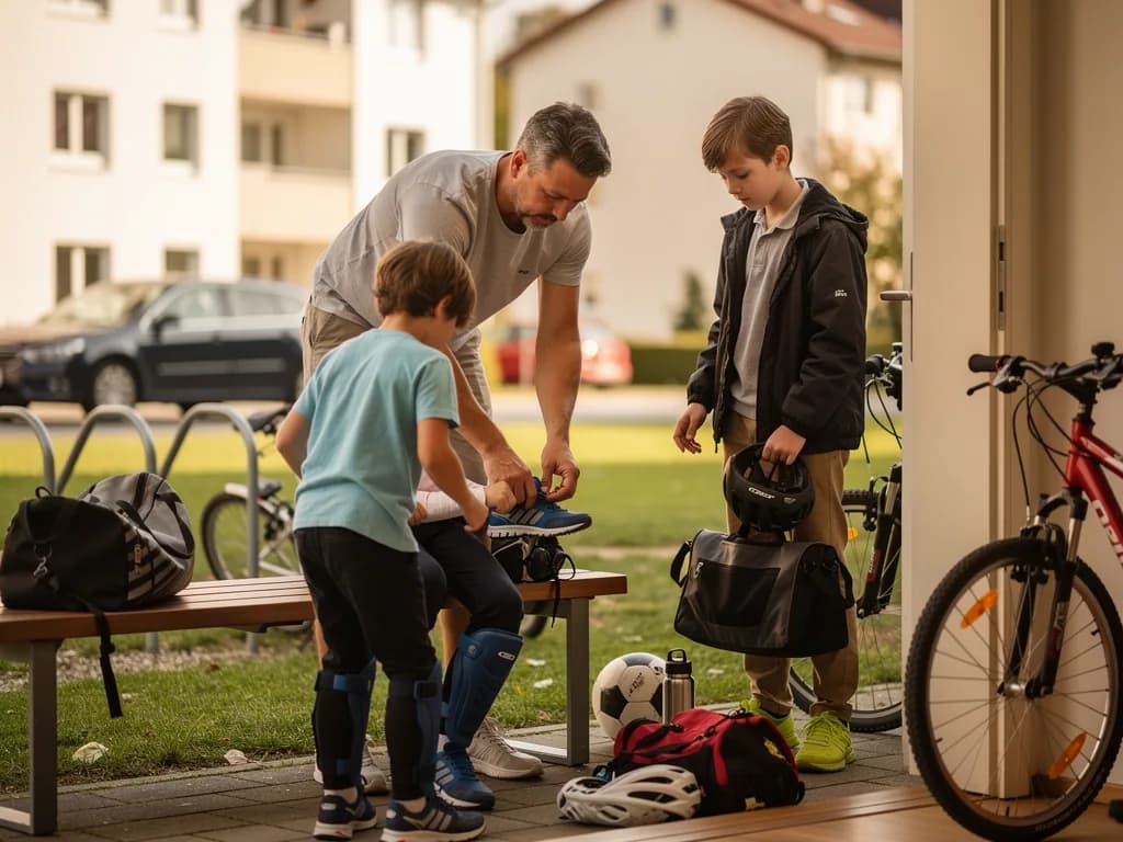 Vater hilft einem Kind beim Sportschuh, während zwei Jungen mit Schutzausrüstung und Fahrrädern vor dem Haus stehen.