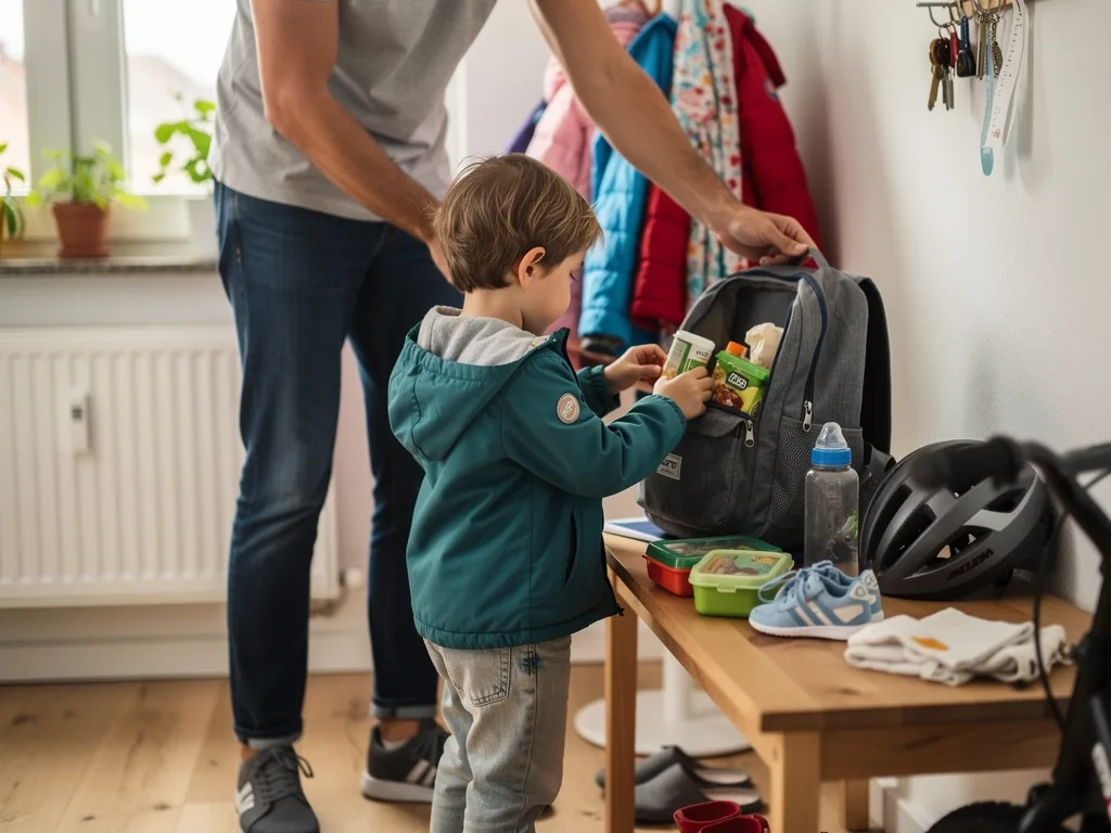 Vater hilft kleinem Kind im Flur beim Packen von Rucksack, Brotdose und Fahrradhelm für den Ausflug.