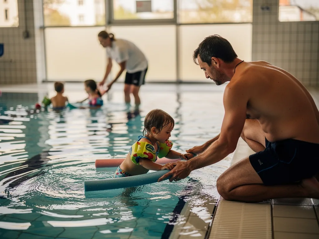 Vater hilft Kleinkind mit Schwimmflügeln und Poolnudel am Beckenrand eines Hallenbads.