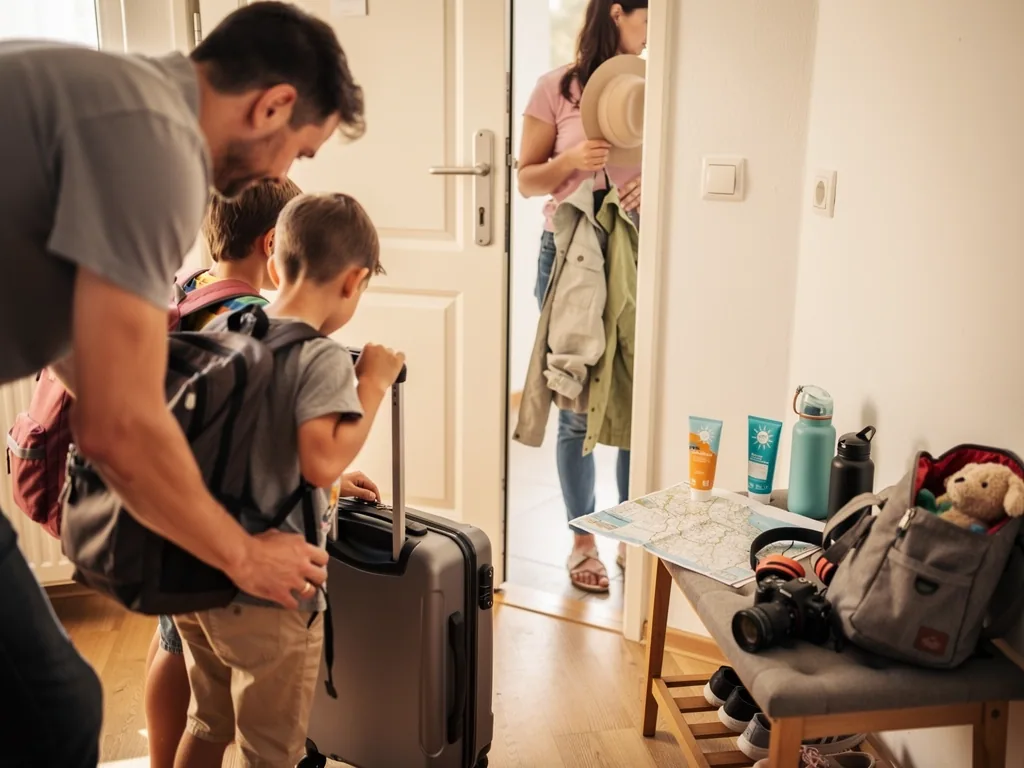 Vater hilft zwei Kindern mit Rucksäcken am Koffer, Mutter wartet mit Jacken an der Haustür.