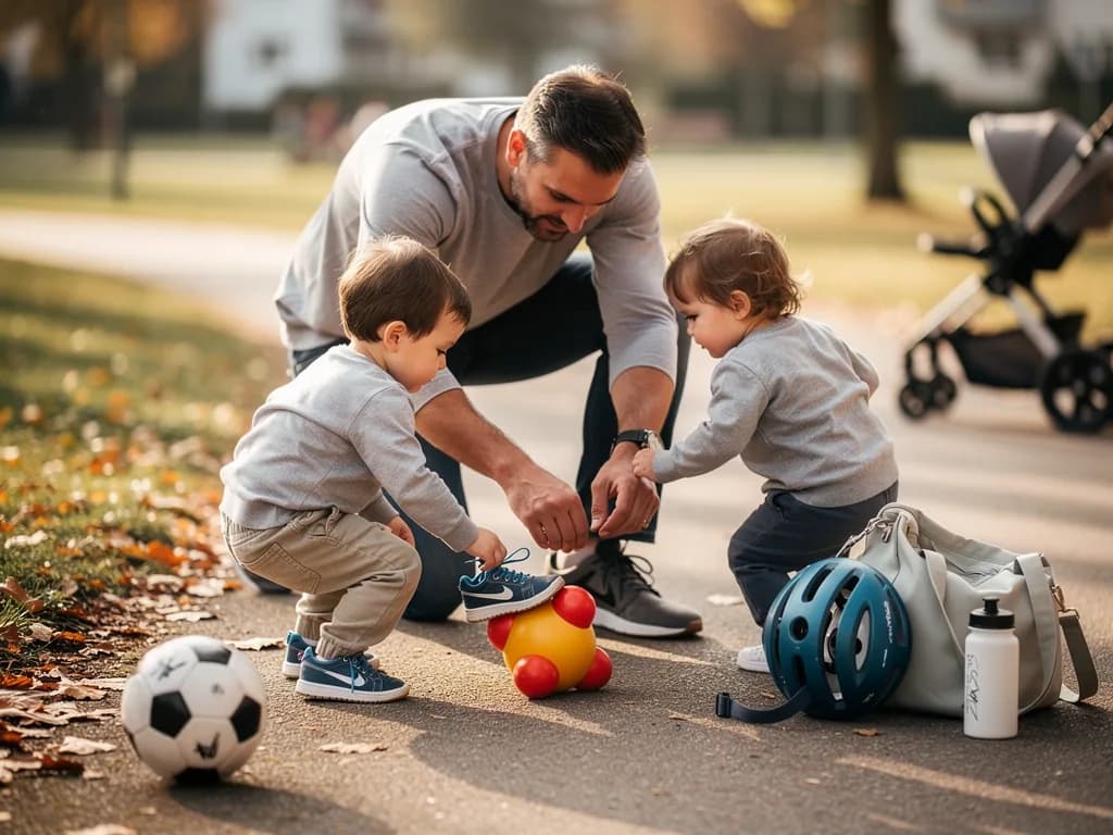 Vater hilft zwei Kleinkindern im Park beim Spielen mit Ball und Laufspielzeug neben Helm und Kinderwagen.