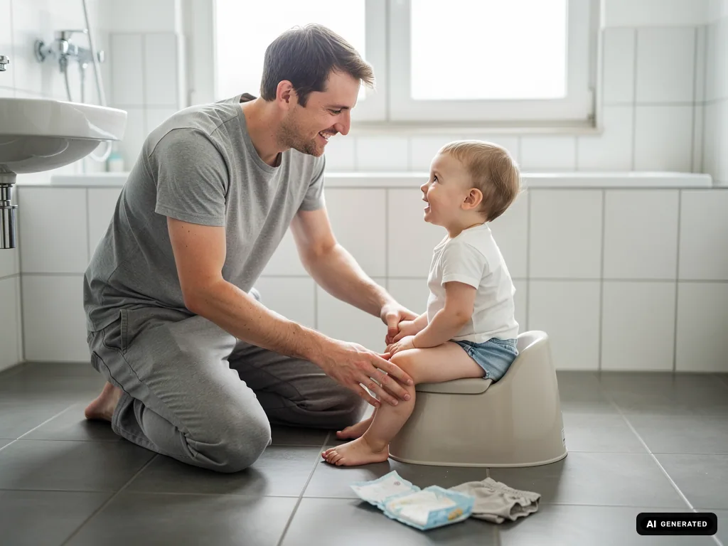 Vater kniet im Bad vor seinem Kleinkind, das auf einem Töpfchen sitzt; Windel und Unterhose liegen am Boden. (mit KI erstellt)