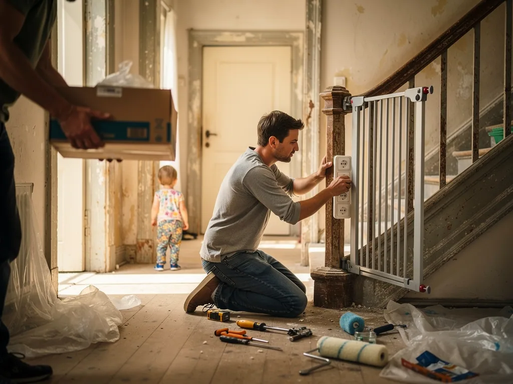 Vater montiert ein Treppenschutzgitter im renovierungsbedürftigen Altbau, während ein Kleinkind im Flur steht.