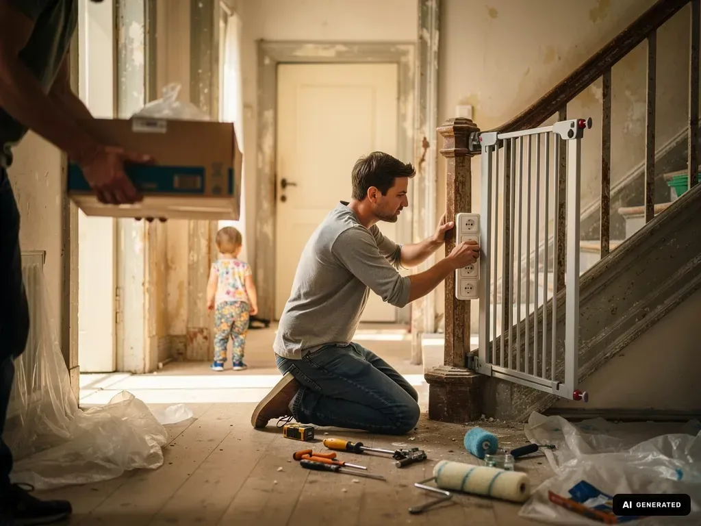 Vater montiert ein Treppenschutzgitter im renovierungsbedürftigen Altbau, während ein Kleinkind im Flur steht.