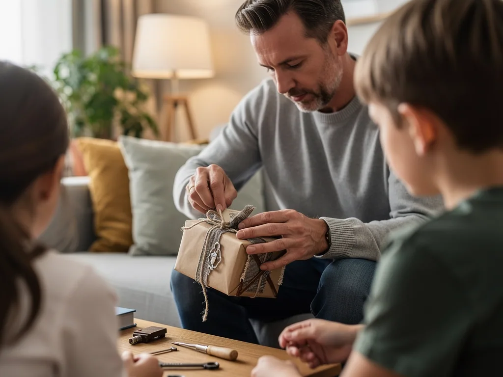 Vater öffnet auf dem Sofa ein mit Packpapier und Schnur verpacktes Geschenk, zwei Kinder schauen zu.