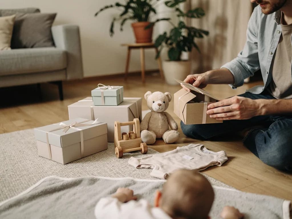 Vater packt Babygeschenke aus, daneben Teddybär, Holzspielzeug, Body und Geschenkkartons im Wohnzimmer.