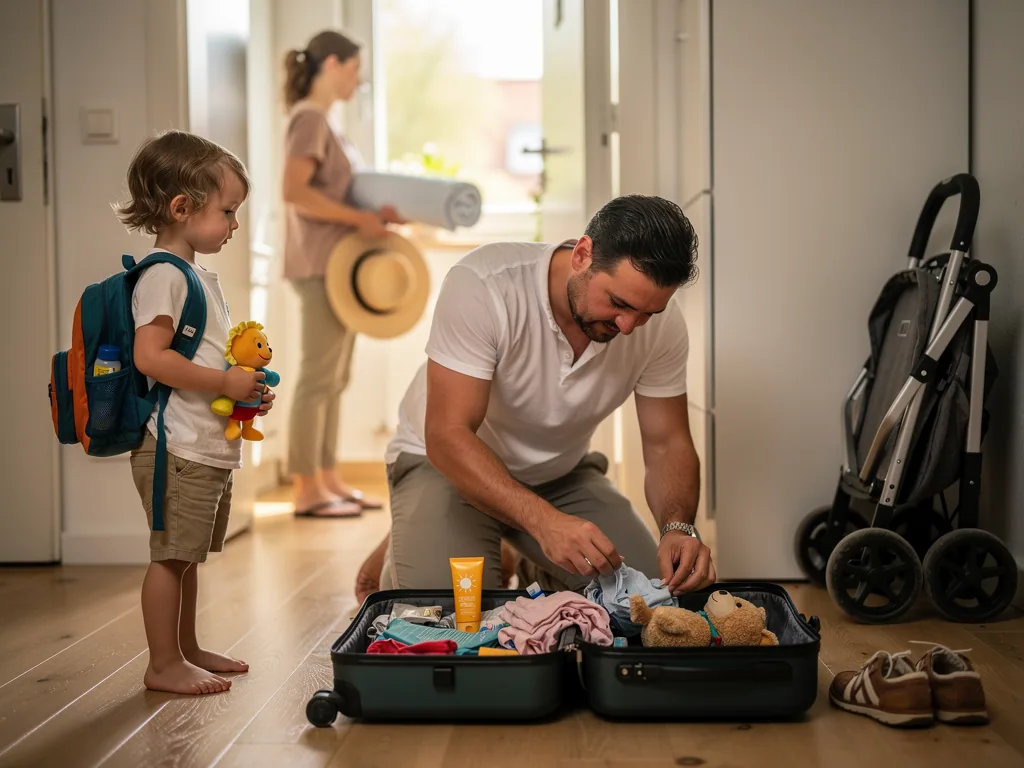 Vater packt einen Koffer, während ein Kind mit Rucksack und Kuscheltier danebensteht; Kinderwagen im Flur.