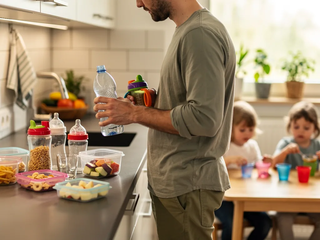 Vater prüft Plastikflasche und Kinderbecher in der Küche, während zwei Kinder am Tisch sitzen.