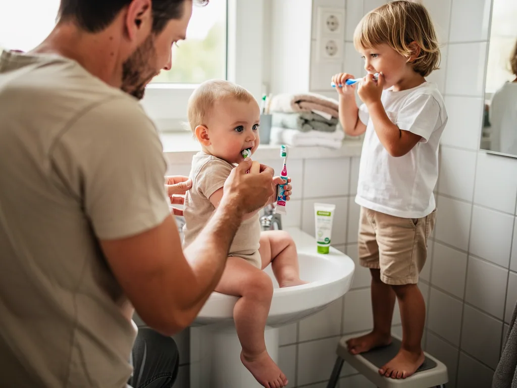 Vater putzt einem Baby am Waschbecken die Zähne, daneben putzt ein älteres Kind auf einem Hocker selbst.