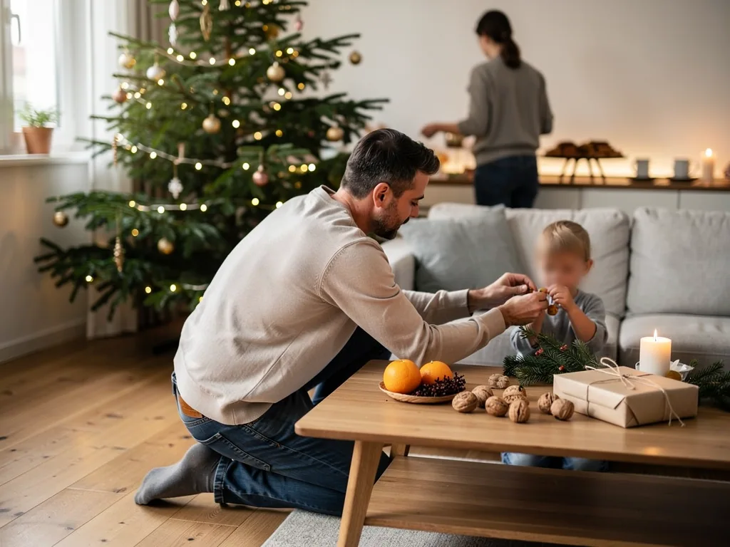 Vater schmückt mit kleinem Kind einen Adventskranz am Wohnzimmertisch, im Hintergrund Weihnachtsbaum und Mutter.