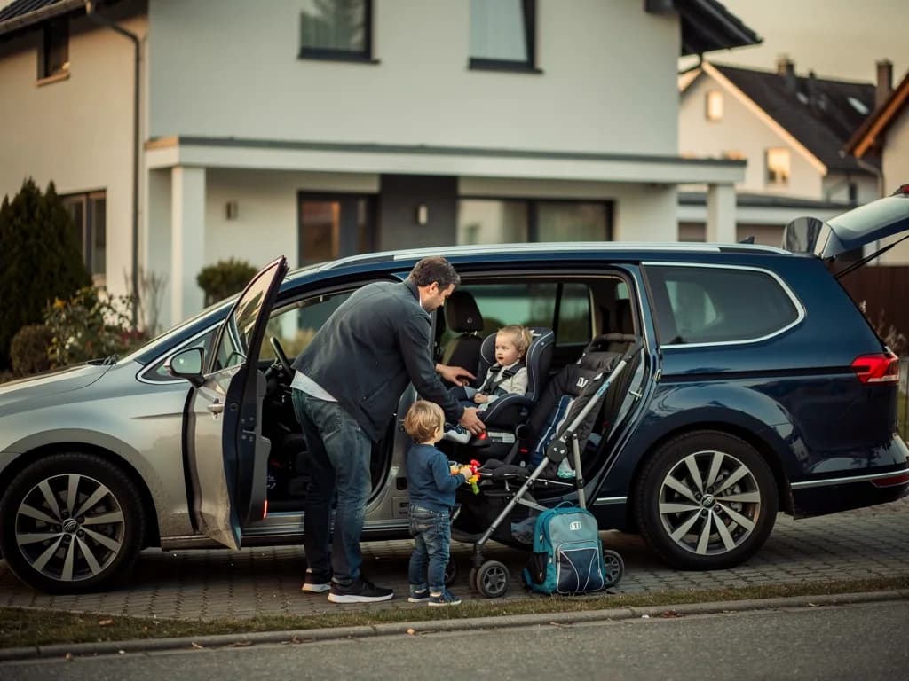 Vater schnallt Kleinkind im Kindersitz eines Vans an, zweites Kind steht daneben, Buggy und Rucksack vor Wohnhaus.