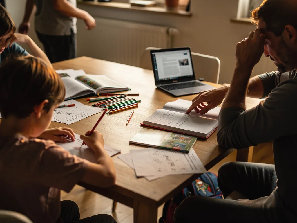 Vater sitzt gestresst mit Kindern am Tisch, während sie Hausaufgaben machen; Hefte, Stifte und Laptop liegen bereit.
