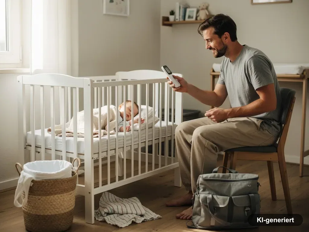 Vater sitzt im Kinderzimmer am Babybett und prüft ein Babyphone, während sein Baby schläft. (mit KI erstellt)