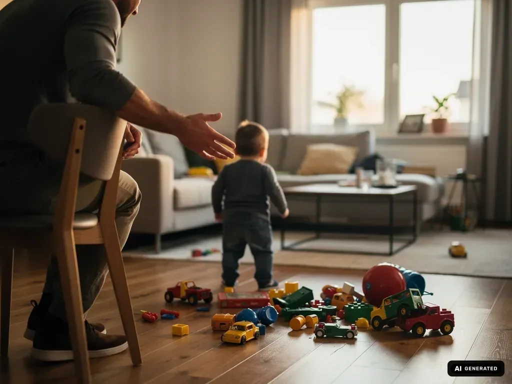 Vater sitzt im Wohnzimmer und streckt die Hand zu einem Kleinkind aus, vor ihnen liegen verstreute Spielsachen.