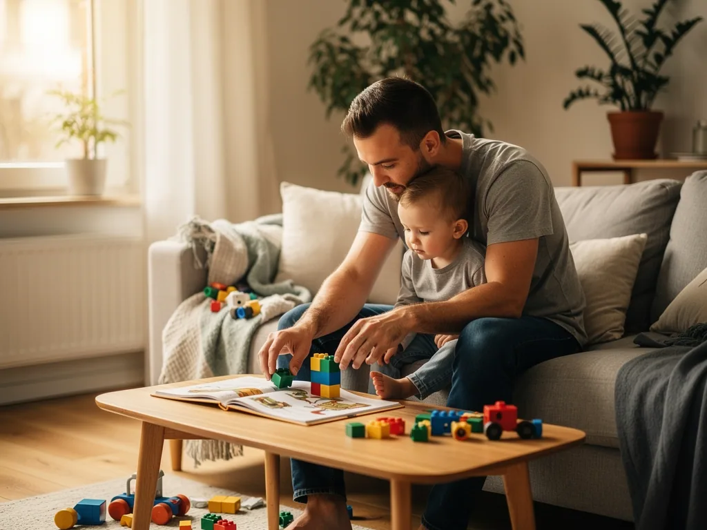 Vater sitzt mit Kleinkind auf dem Sofa und spielt im Wohnzimmer mit Bausteinen am Couchtisch.