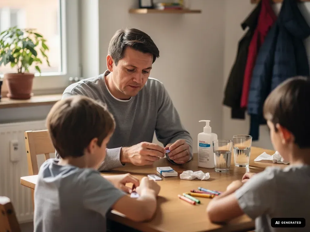 Vater sitzt mit zwei Kindern am Tisch, auf dem Desinfektionsmittel, Taschentücher, Wasser und ein Test liegen.