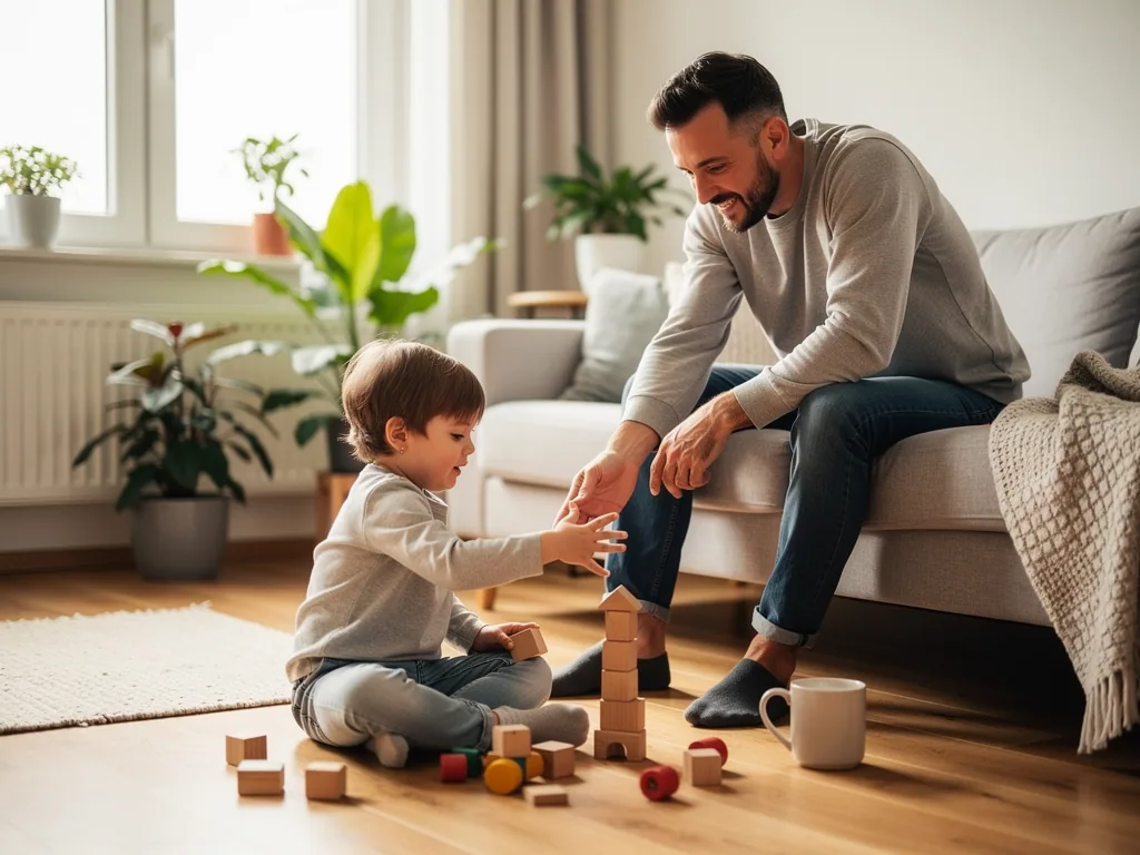 Vater spielt im Wohnzimmer mit Kleinkind und Holzklötzen auf dem Boden.