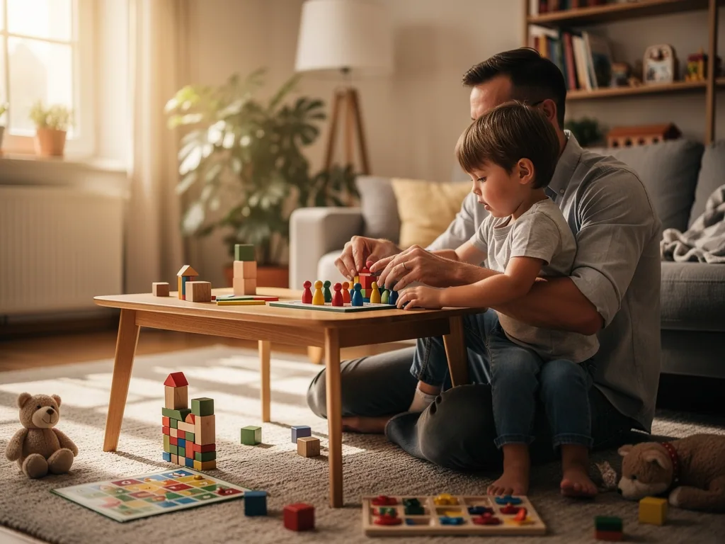 Vater spielt mit Kind im Wohnzimmer ein Brettspiel mit bunten Figuren und Holzbausteinen.