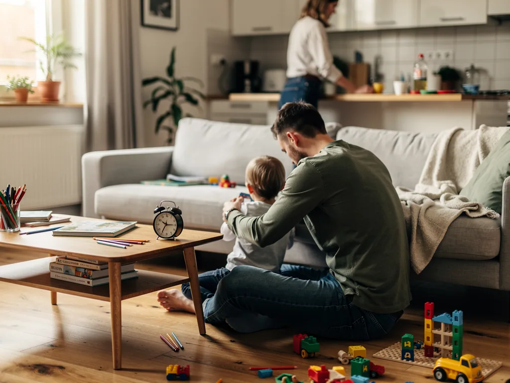 Vater spielt mit Kleinkind im Wohnzimmer, während eine Frau in der Küche arbeitet; Spielzeug und Wecker liegen bereit.