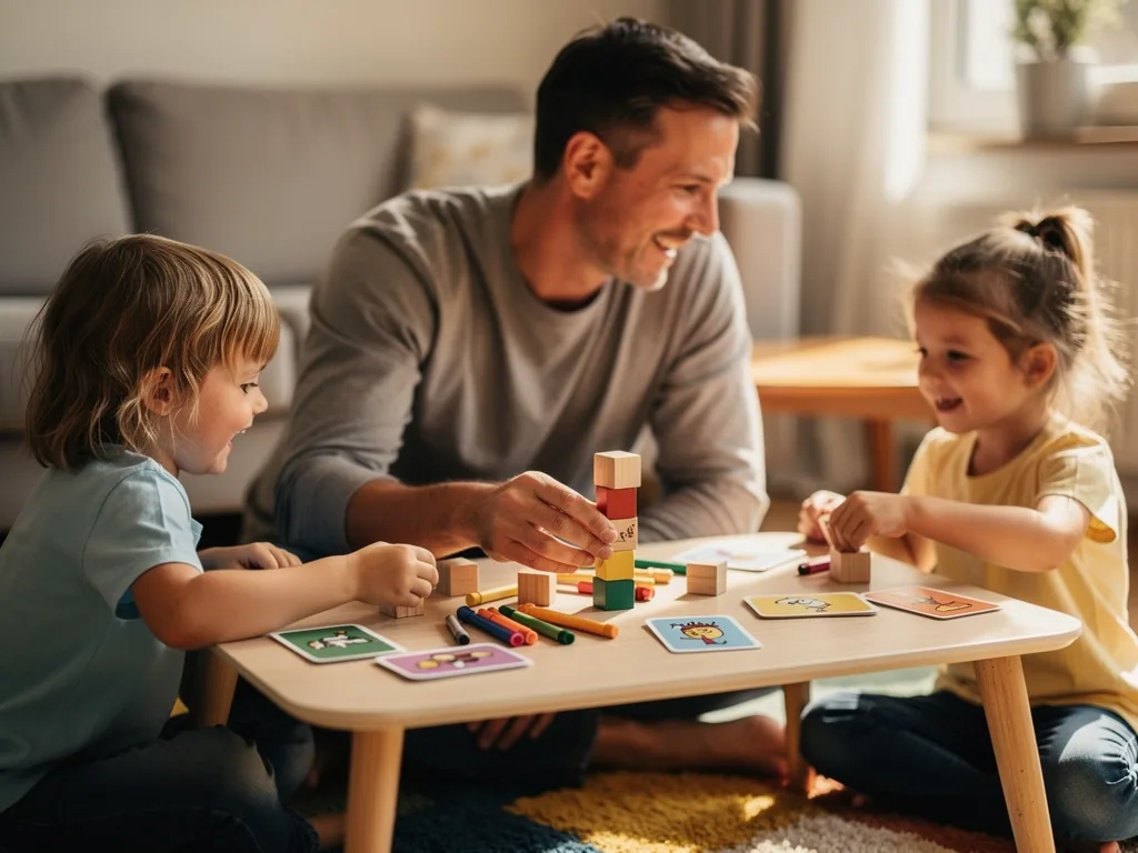 Vater spielt mit zwei Kindern am Tisch mit Bauklötzen, Bildkarten und Buntstiften im Wohnzimmer.