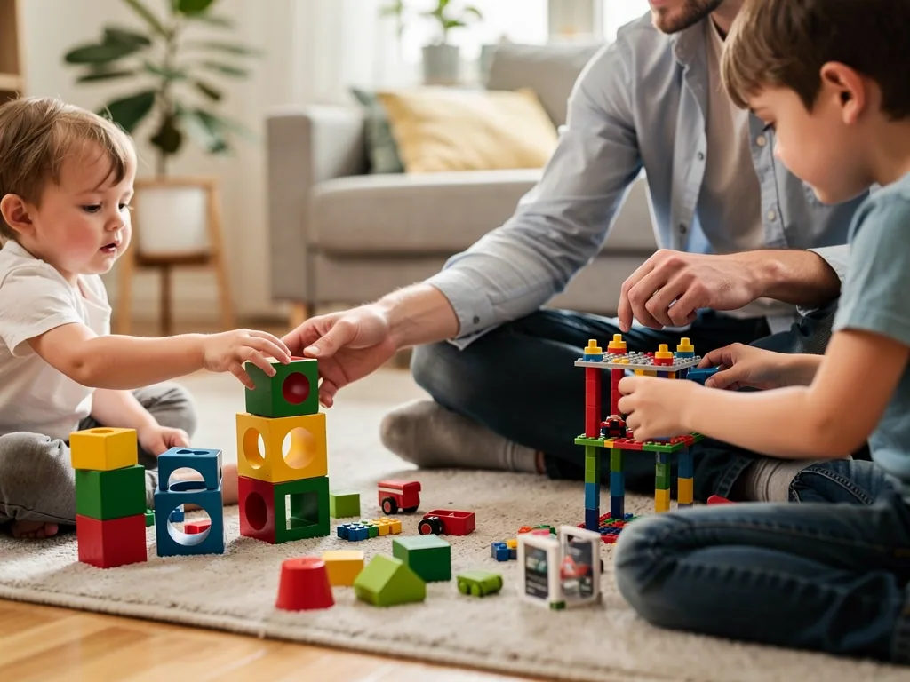 Vater spielt mit zwei Kindern auf dem Wohnzimmerteppich mit Bausteinen, Steckwürfeln und kleinen Fahrzeugen.