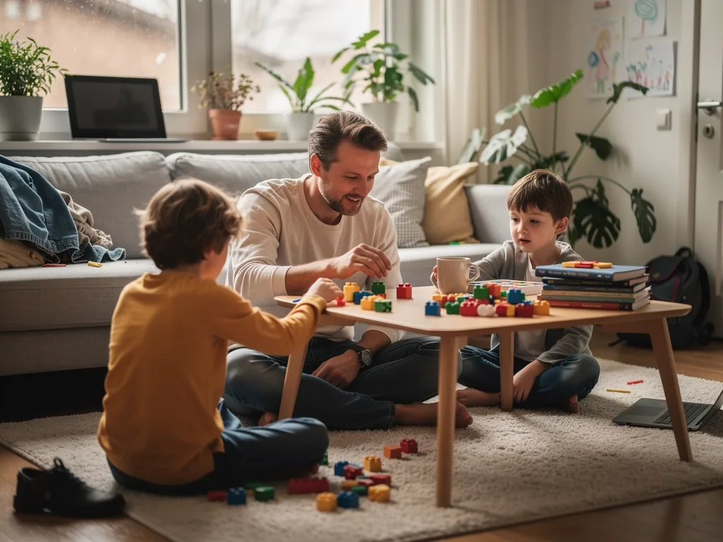 Vater spielt mit zwei Kindern im Wohnzimmer mit bunten Bausteinen am Tisch.
