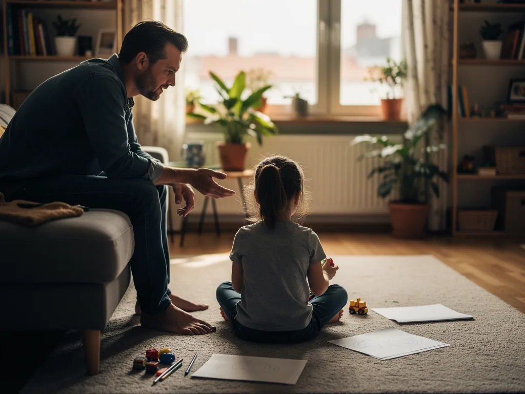 Vater spricht im Wohnzimmer mit einem Kind, das zwischen Papier, Stiften und Spielzeugautos auf dem Teppich sitzt.