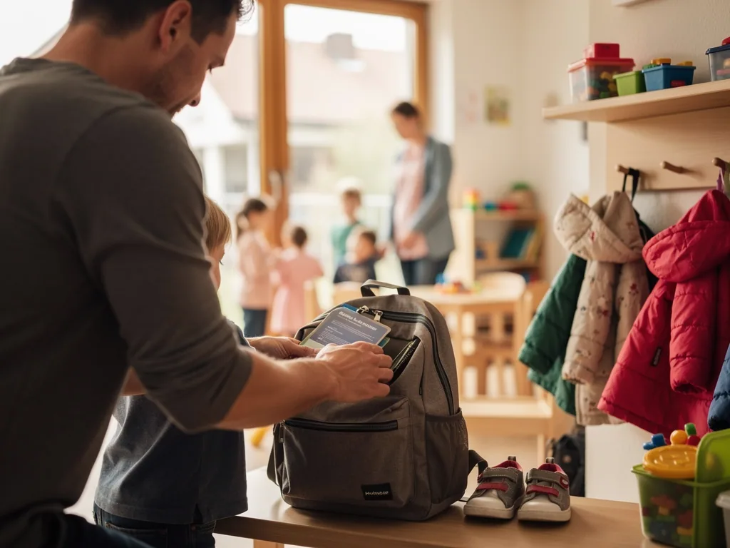 Vater steckt Unterlagen in Kita-Rucksack, Kind steht daneben; im Hintergrund spielen Kinder in der Betreuung.