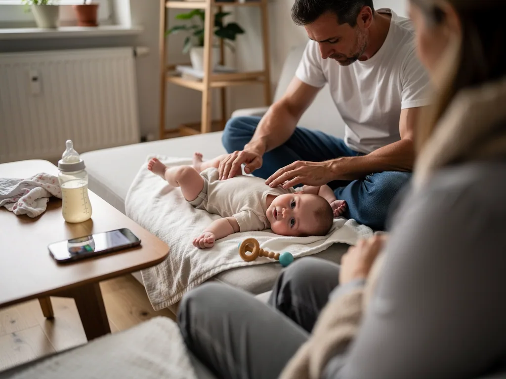 Vater streichelt Baby auf einer Decke, Mutter sitzt daneben; Fläschchen und Spielzeug liegen im Wohnzimmer.
