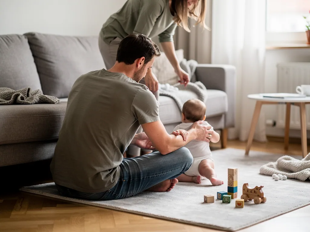 Vater stützt ein sitzendes Baby auf dem Teppich, Mutter steht daneben; Bauklötze und Holzspielzeug liegen bereit.