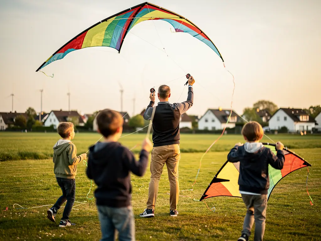 Vater und drei Kinder lassen auf einer Wiese bunte Lenkdrachen steigen, im Hintergrund Häuser und Windräder.