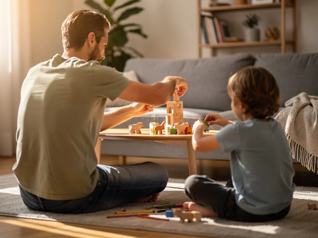 Vater und Kind bauen im Wohnzimmer gemeinsam mit Holzklötzen und Spielfiguren auf einem niedrigen Tisch.