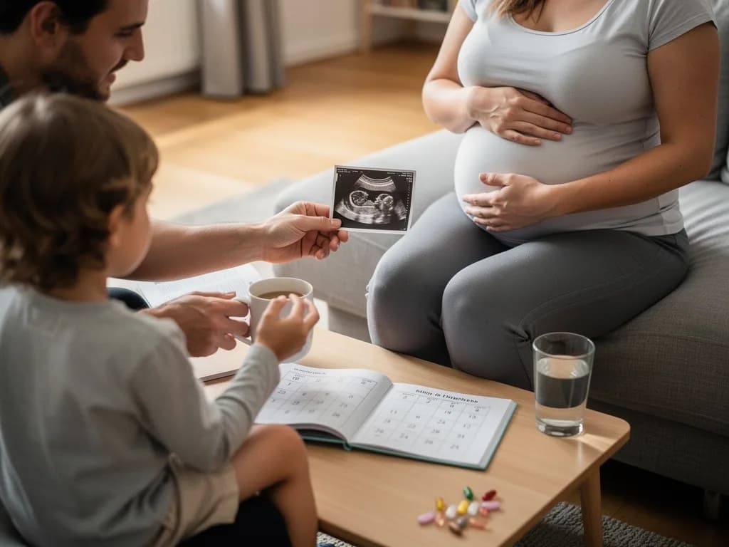 Vater und Kind betrachten ein Ultraschallbild, während die schwangere Mutter auf dem Sofa ihren Bauch hält.