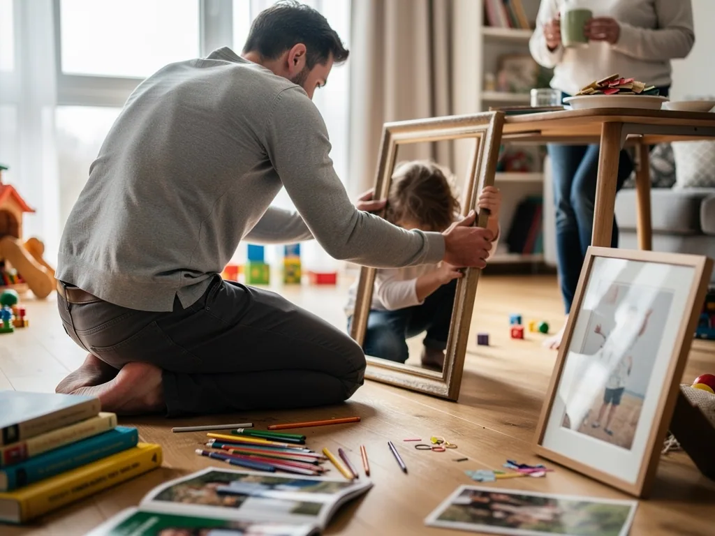 Vater und Kind halten einen leeren Bilderrahmen im Wohnzimmer, umgeben von Stiften, Fotos und Bastelmaterial.