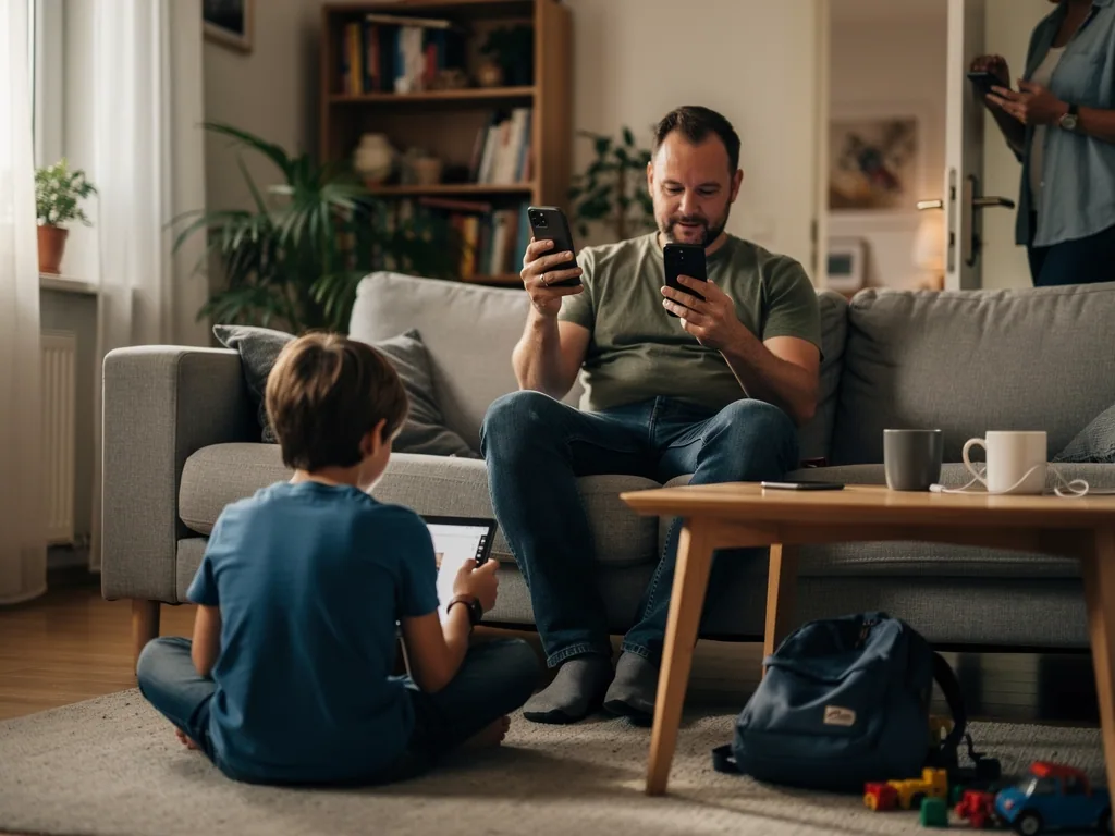 Vater und Kind nutzen im Wohnzimmer Smartphones, im Hintergrund steht eine weitere Person mit Handy.