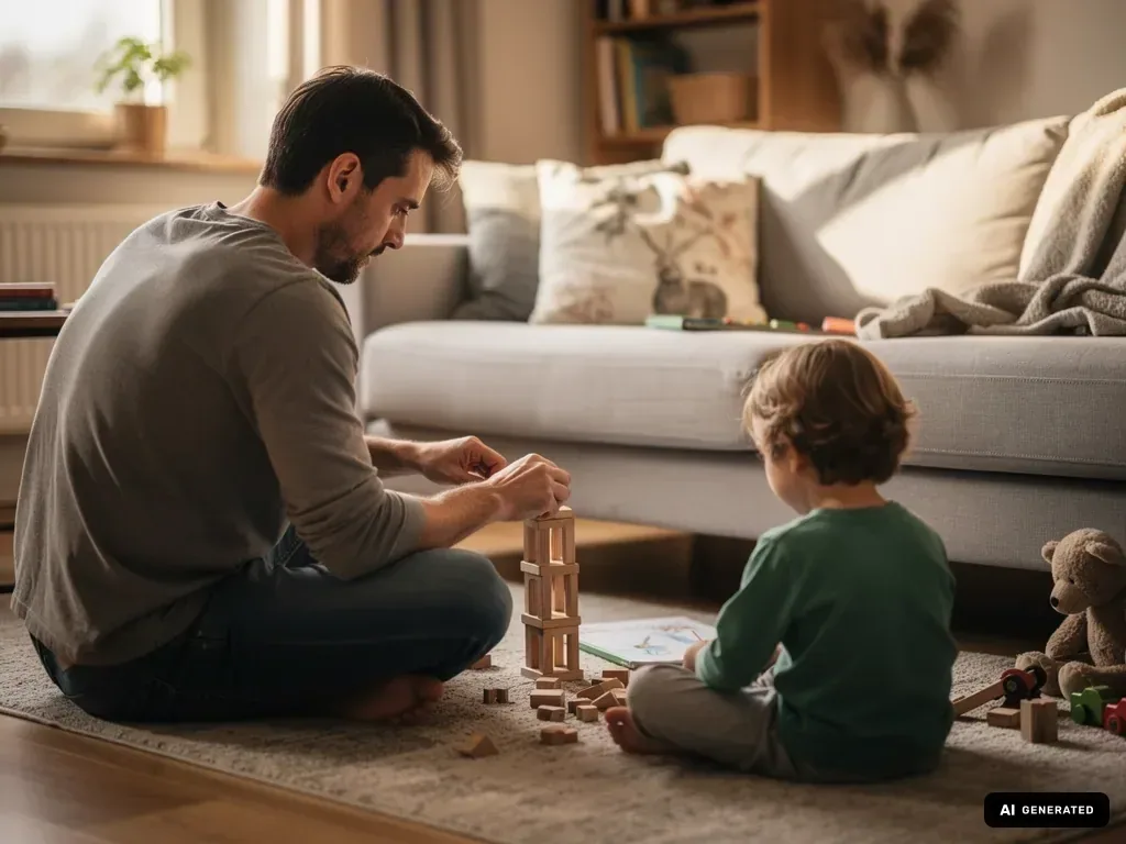 Vater und Kind sitzen im Wohnzimmer auf dem Teppich und bauen gemeinsam mit Holzklötzen.