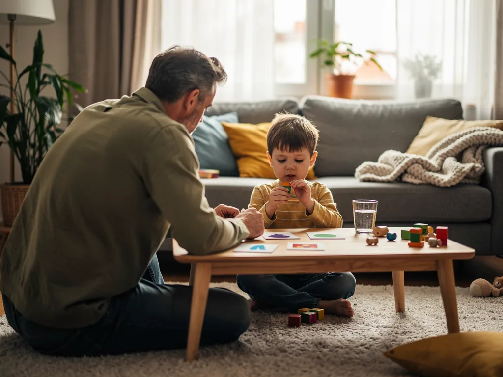 Vater und Kind üben im Wohnzimmer mit Bildkarten und Bausteinen am Couchtisch.