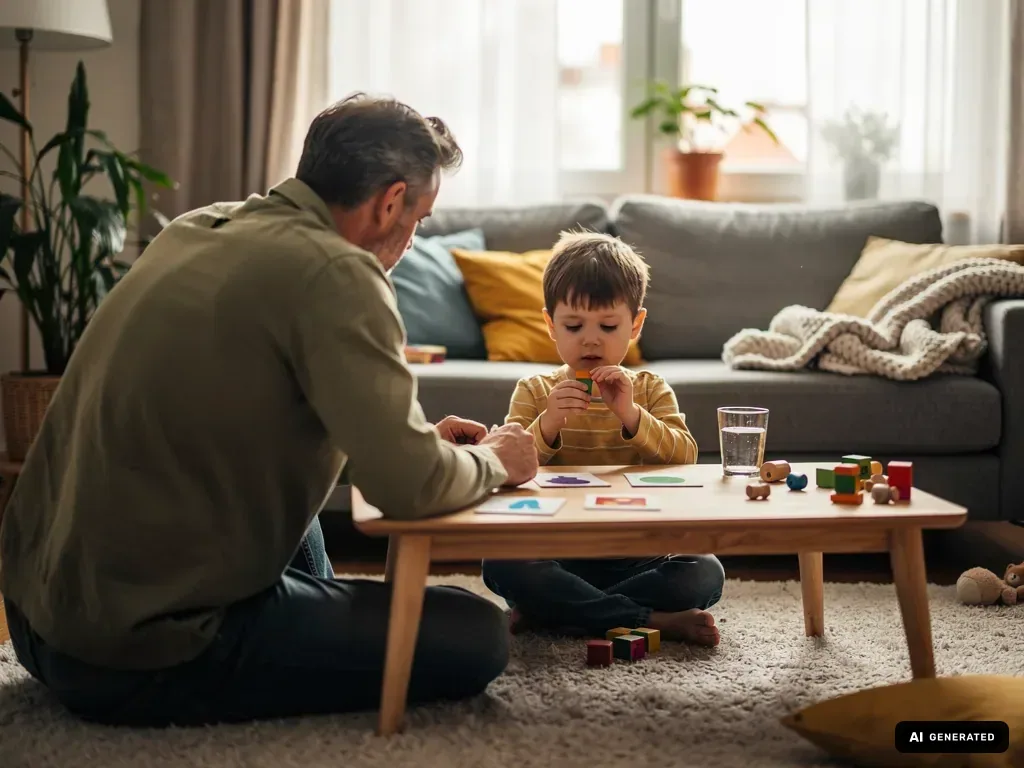 Vater und Kind üben im Wohnzimmer mit Bildkarten und Bausteinen am Couchtisch.