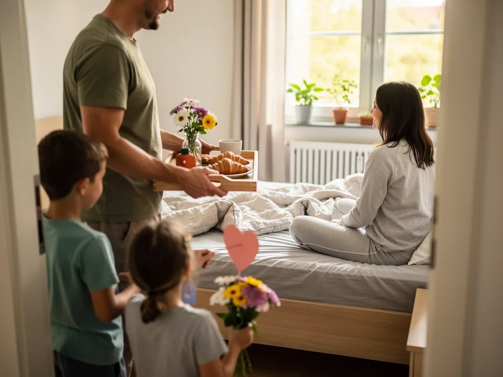 Vater und Kinder bringen Mutter im Bett Frühstückstablett, Blumen und eine Karte zum Muttertag.