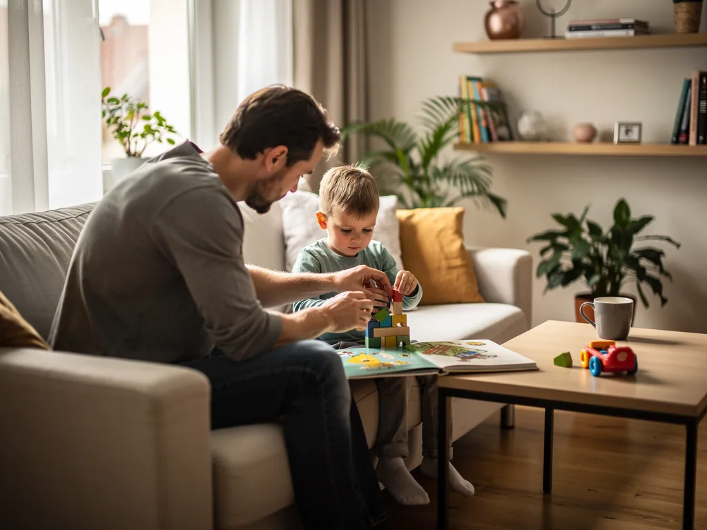 Vater und kleiner Sohn bauen im Wohnzimmer gemeinsam mit Holzklötzen auf einem Bilderbuch.