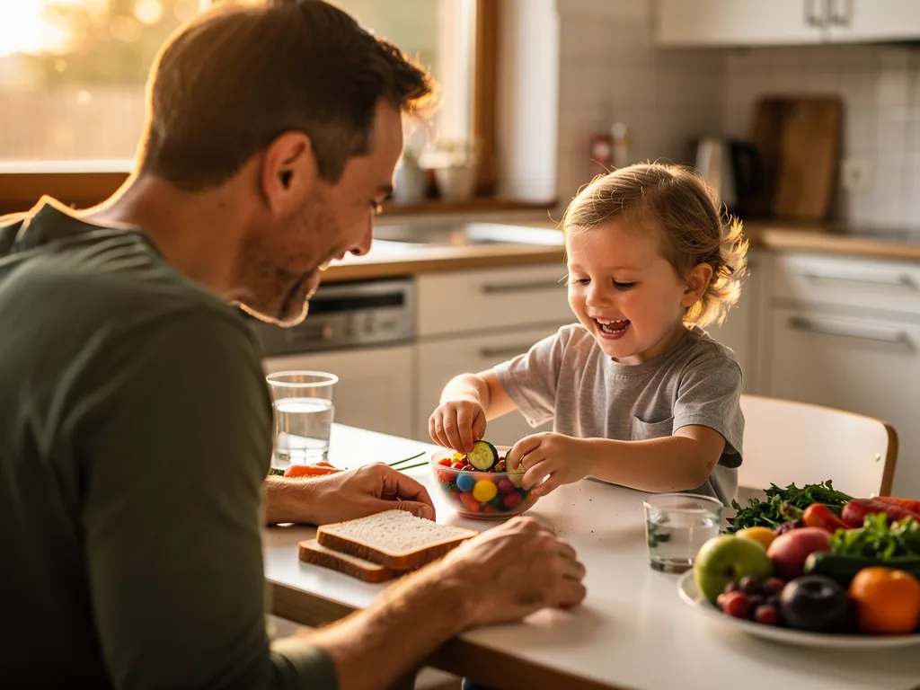 Vater und Kleinkind sitzen in der Küche am Tisch und bereiten gemeinsam Gemüse, Brot und Obst vor.