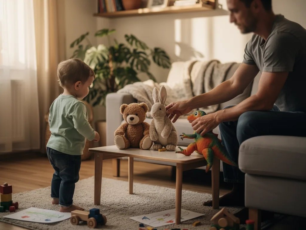 Vater und Kleinkind spielen im Wohnzimmer mit Teddy, Hase und Dinosaurier-Stofftier auf einem kleinen Tisch.