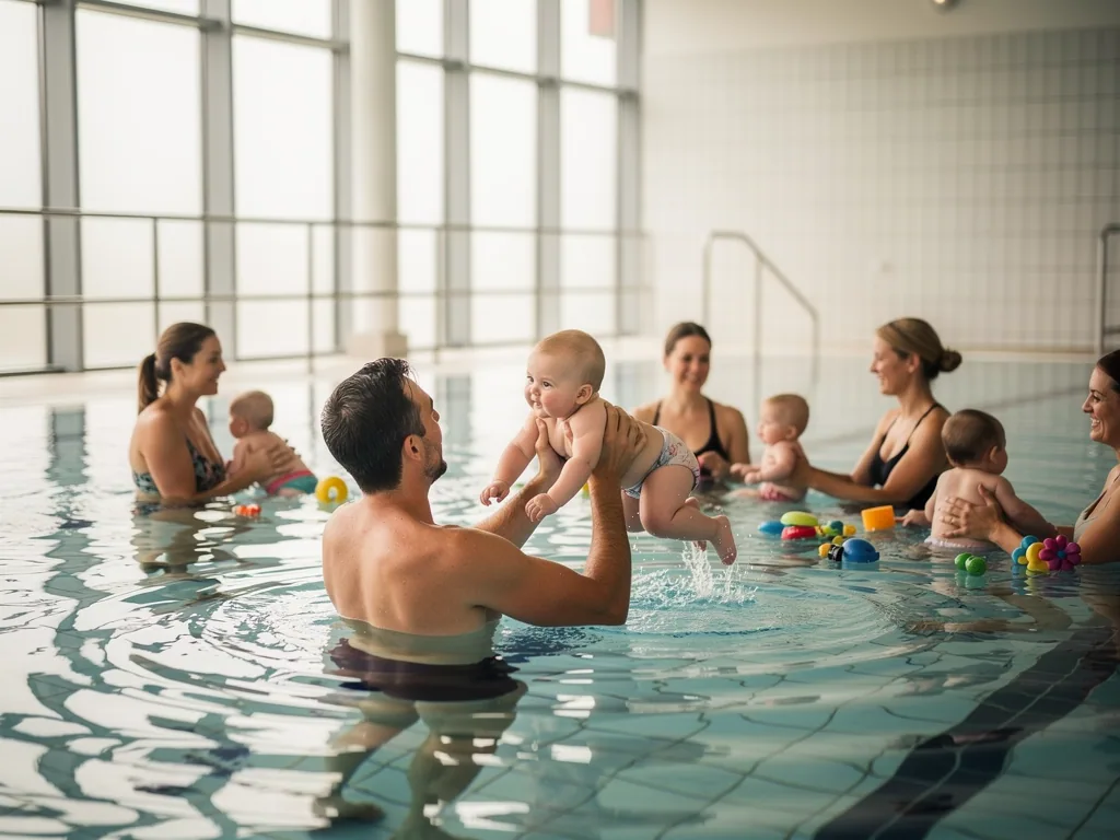 Väter und Mütter halten Babys beim Babyschwimmen im warmen Innenbecken mit buntem Wasserspielzeug.