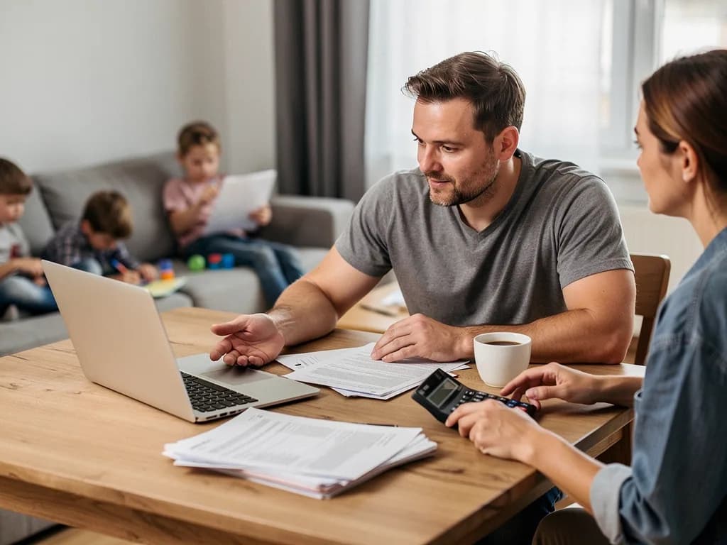 Vater und Mutter prüfen am Küchentisch Kreditunterlagen mit Laptop und Taschenrechner, Kinder spielen im Hintergrund.